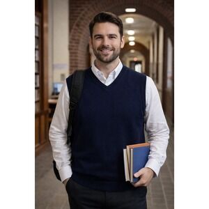 Hart Schaffner Marx Mens V Neck Merino Wool Sweater Vest XL Navy Preppy Academia